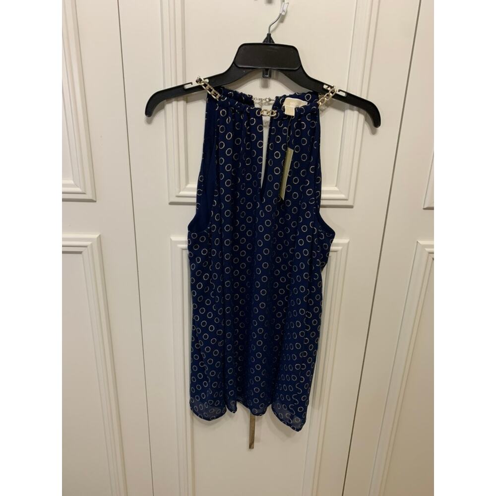 NWT Michael Kors Women's Chain Halter Blouse Large Blue Gold‎ Party